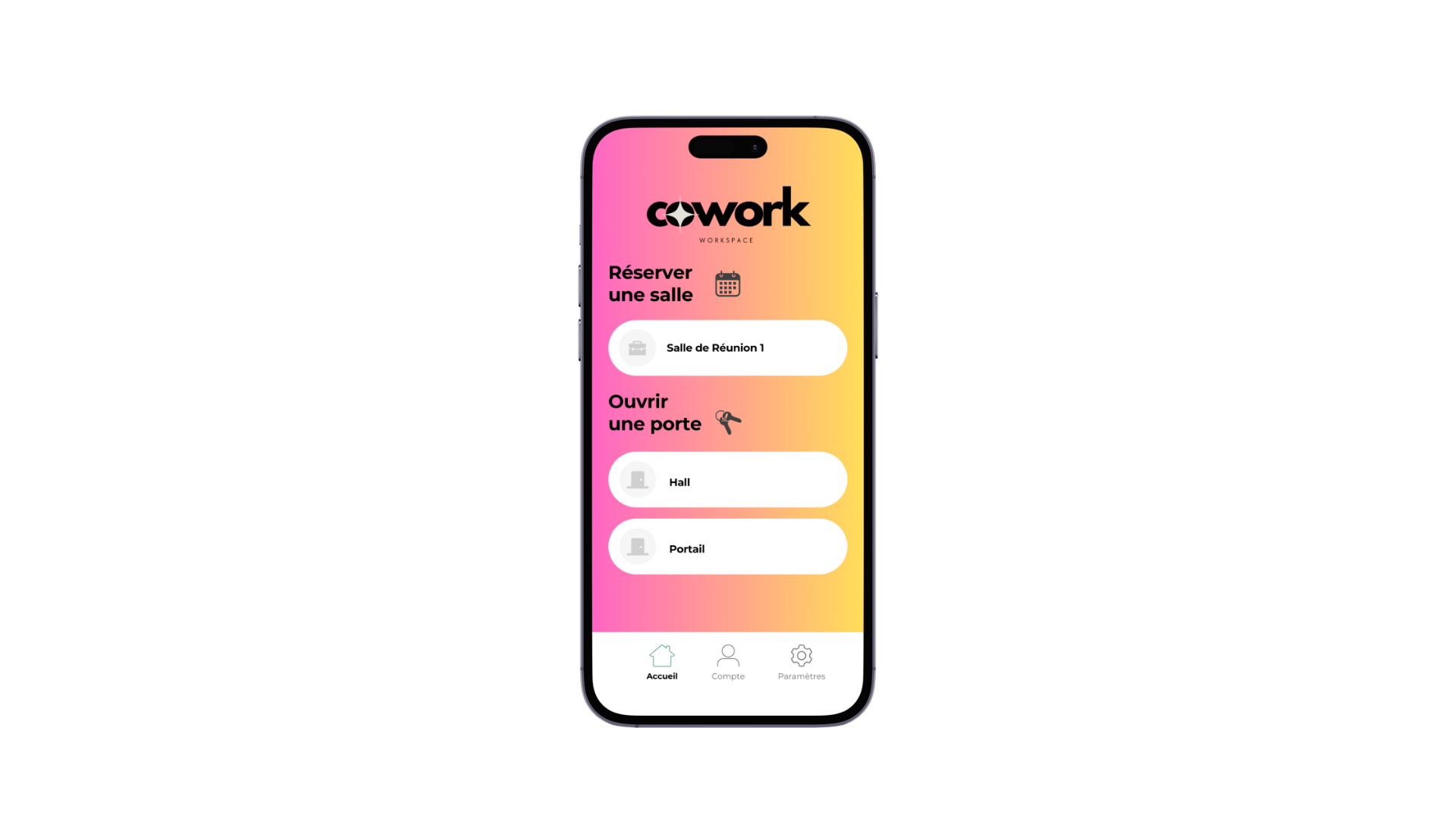 Capture d'un smartphone avec une application d'espace de coworking qui intègre l'api hapiix