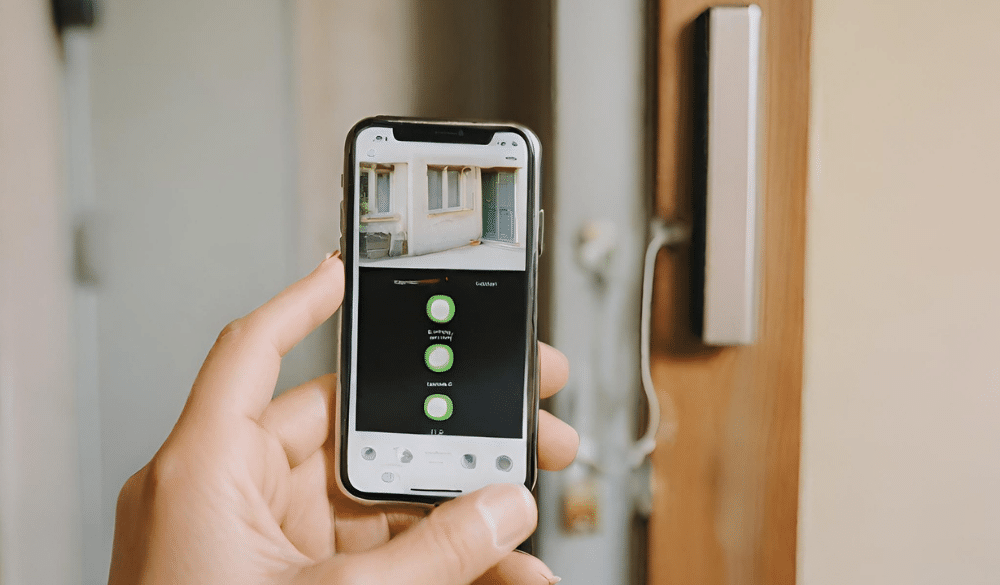 Image générée par une IA représentant une main tenant un smartphone afin de représenter un interphone GSM.