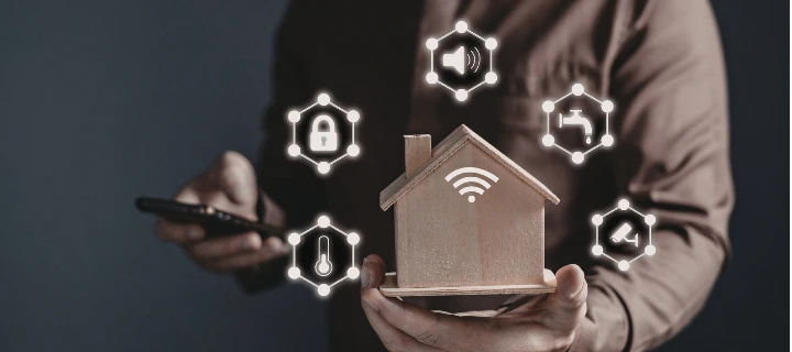 Photo d'une maison avec des éléments pouvant contribuer au bien-être : Chauffage, caméra, accès sécurisé, bon réseau ...